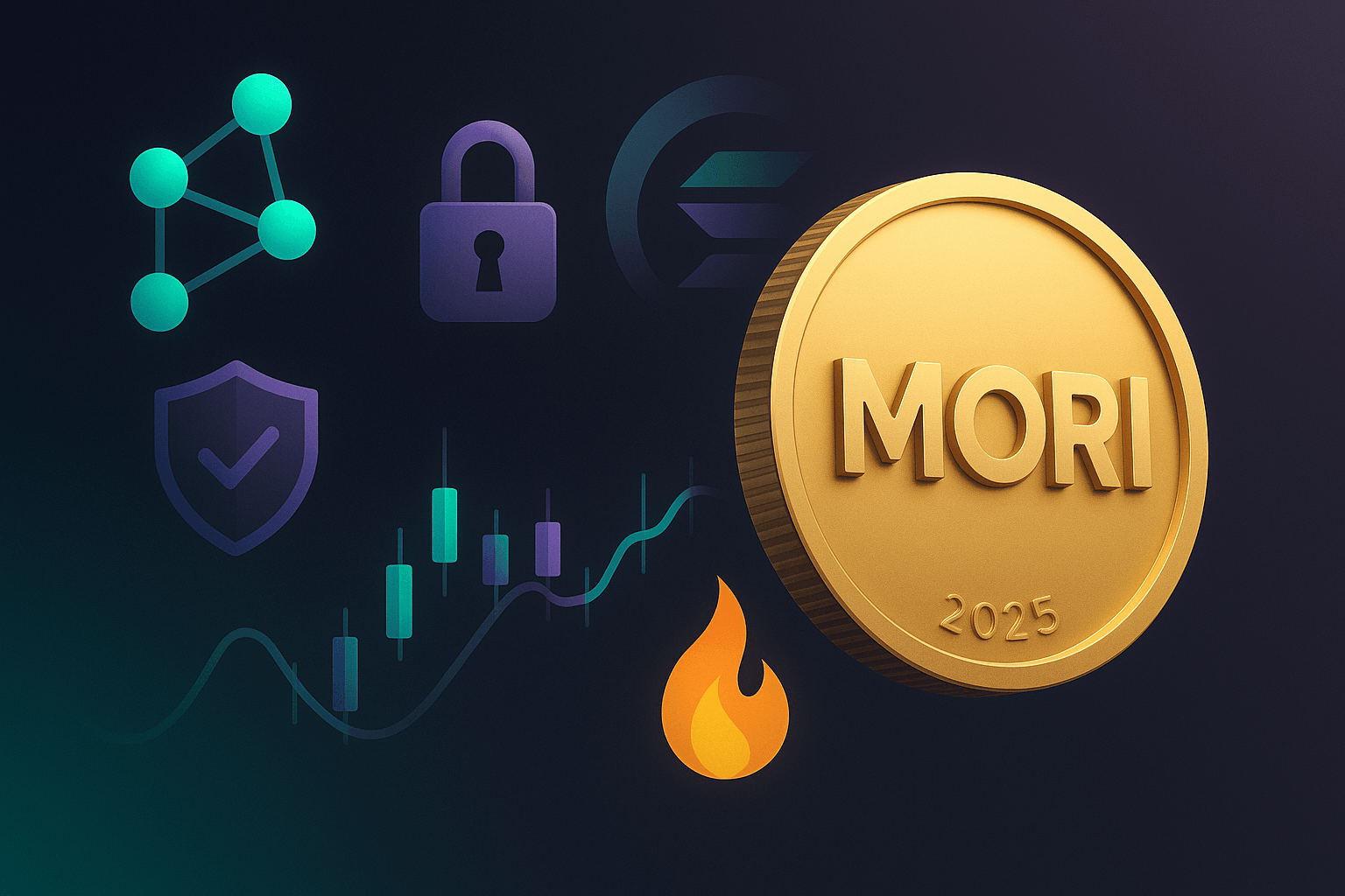 MORI tokenomics cover: gold coin on dark gradient with Solana mark, candles and burn icon